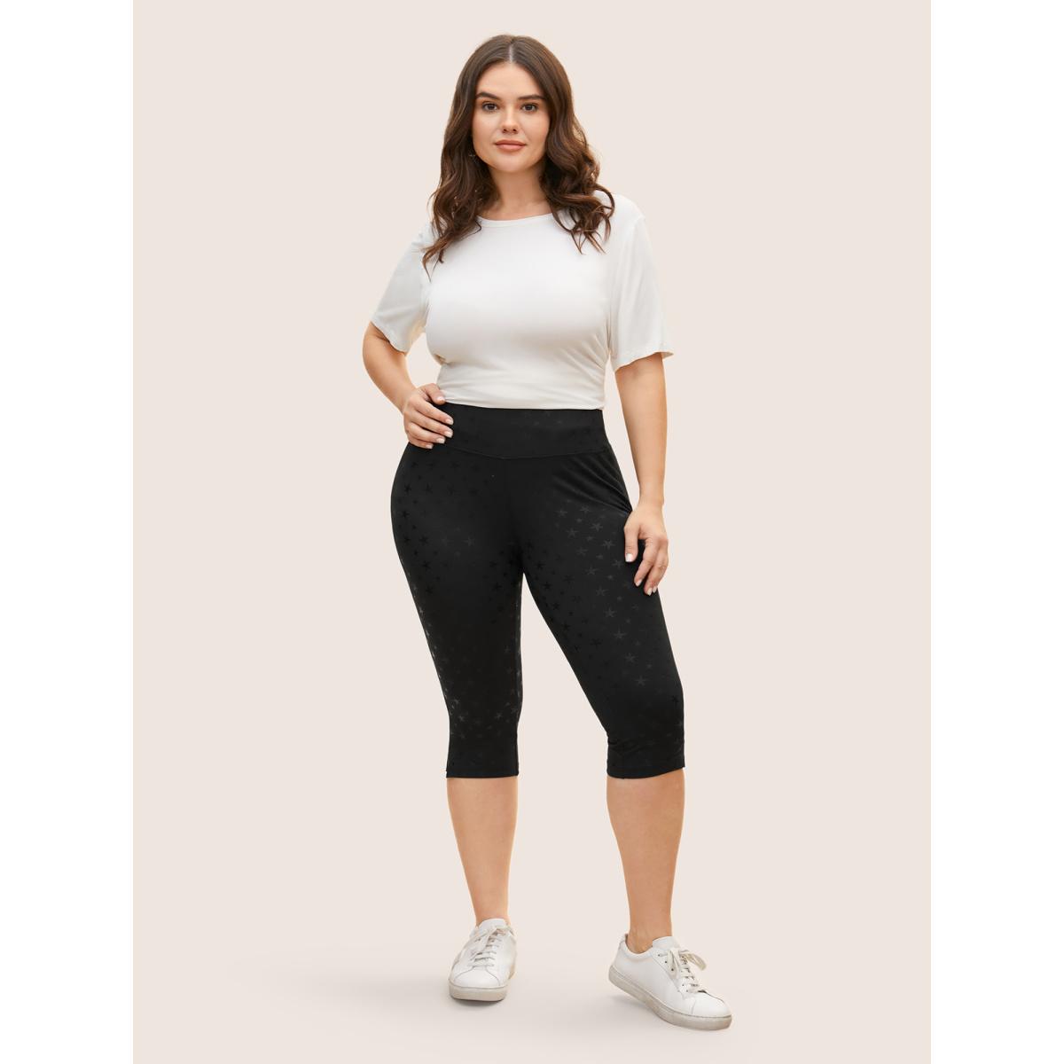 Plus Size Star Glitter High Stretch Split Hem Leggings Women Black Casual High stretch Skinny Mid Rise Everyday Leggings BloomChic 22-24/3X Product Image