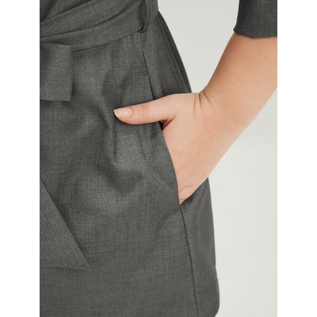 Plus Size Plain Lapel Collar Pocket Roll Sleeve Belted Coat Women Gray Office Pocket Ladies Dailywear Winter Coats BloomChic 14-16/1X Product Image