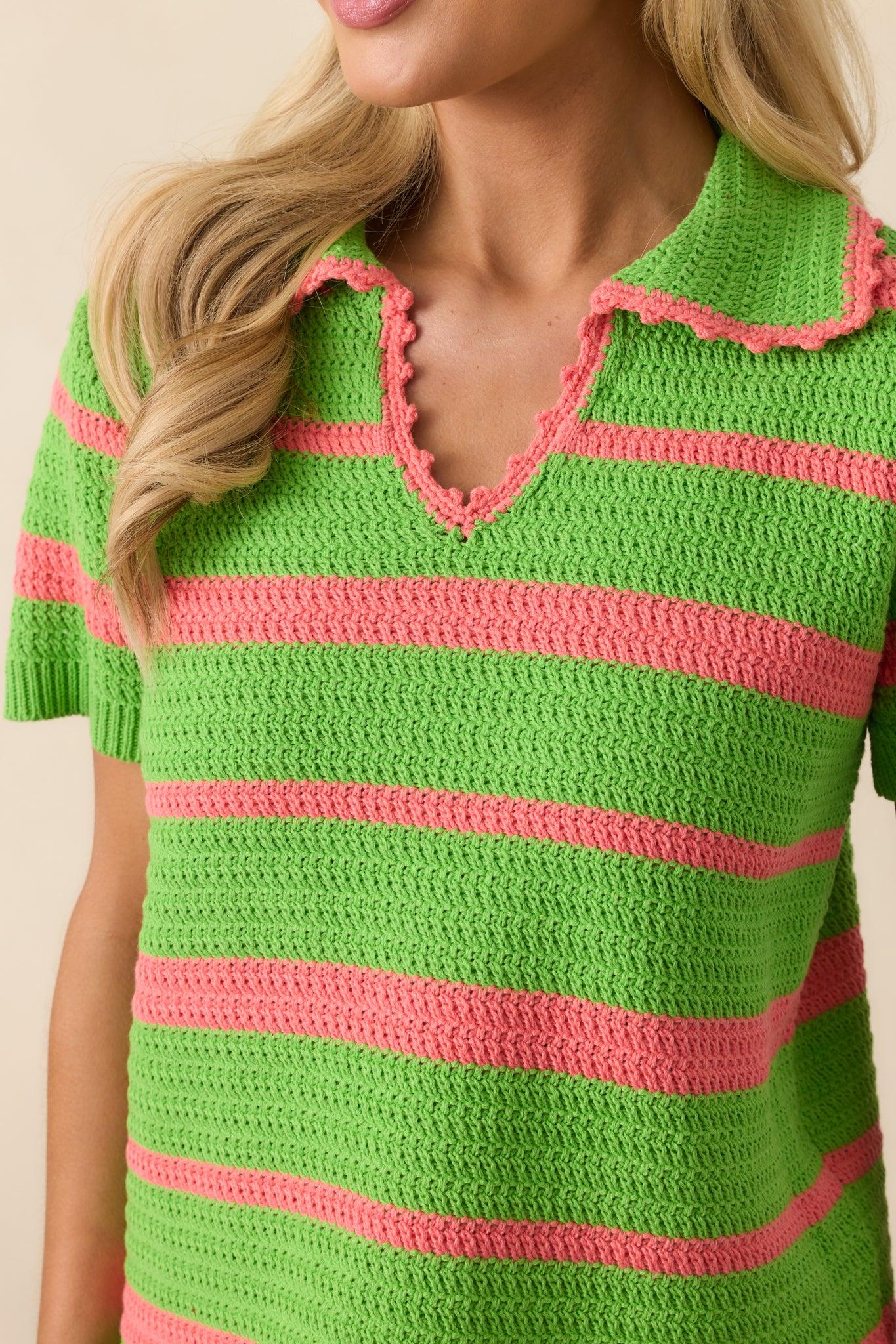 Keeping My Peace Bright Green Stripe Short Sleeve Knit Top Product Image