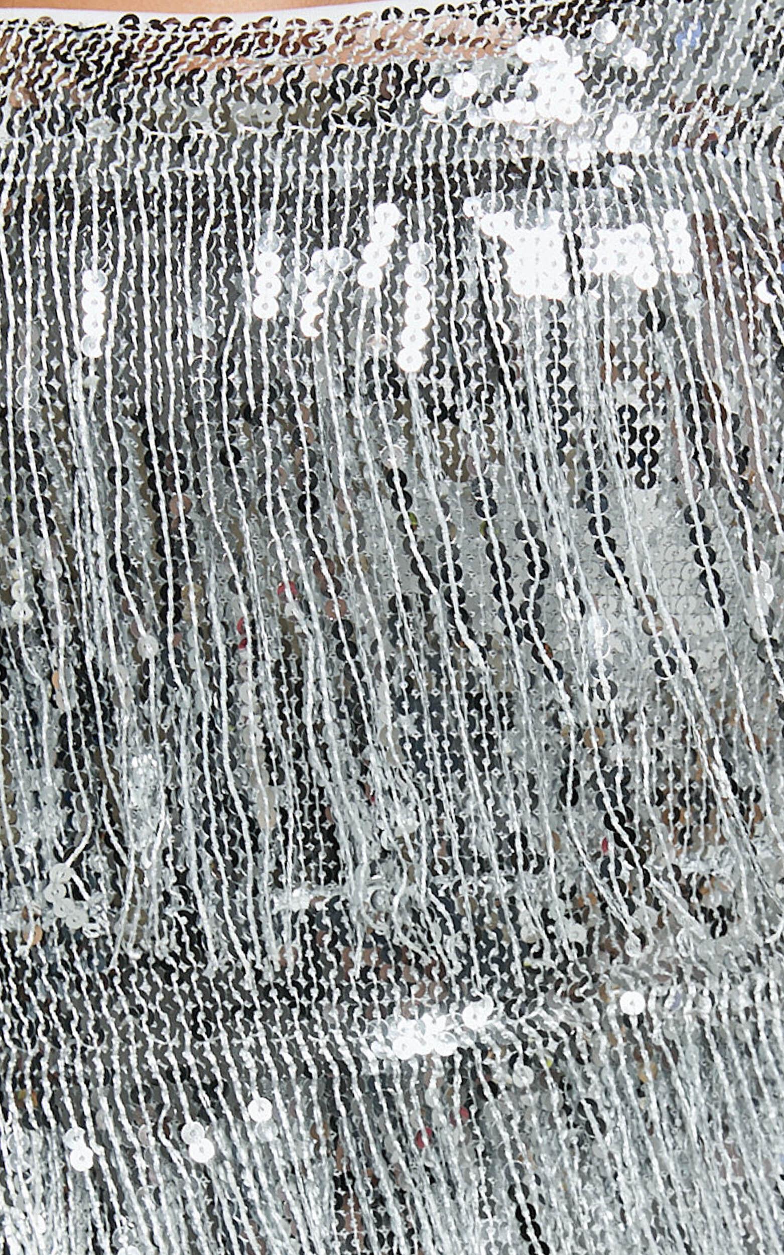 Paris Mini Dress - Sequin Fringe Dress in Silver Product Image