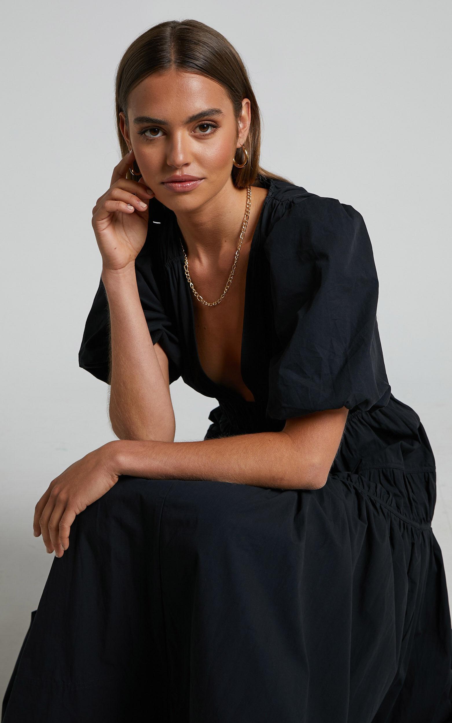 Mellie Midi Dress - Puff Sleeve Plunge Tiered Dress in Black Product Image