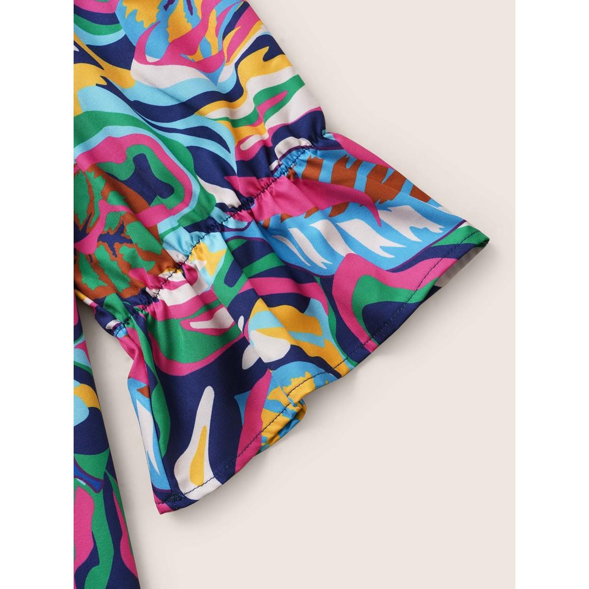 Plus Size Multicolor Tropical Print Notched Lantern Sleeve Blouse Women Elegant Elbow-length sleeve Notched collar Everyday Blouses BloomChic 12/L Product Image