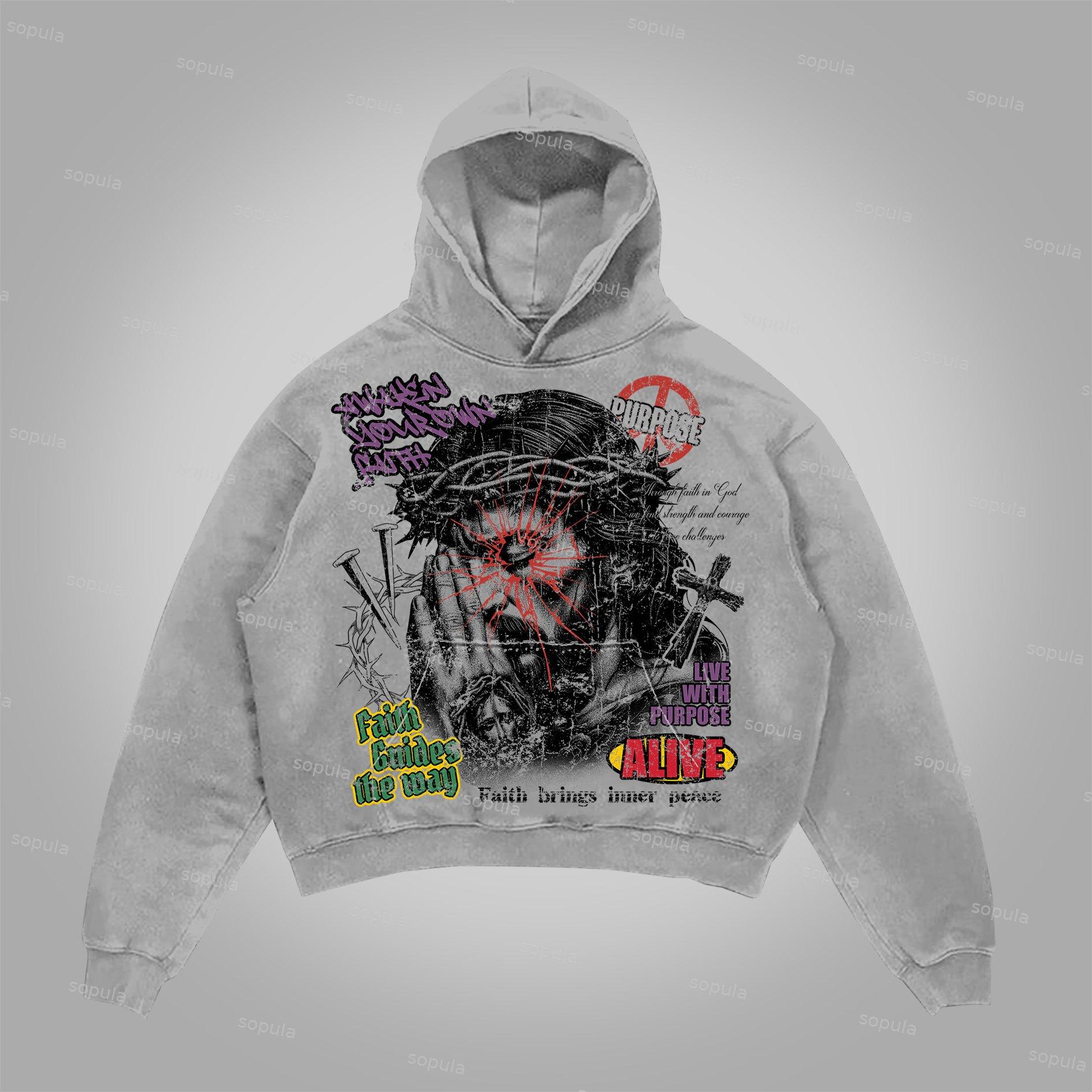 Sopula Pray For Jesus The Meaning Of Life Vintage Graphics Cotton Pocket Hoodie Product Image
