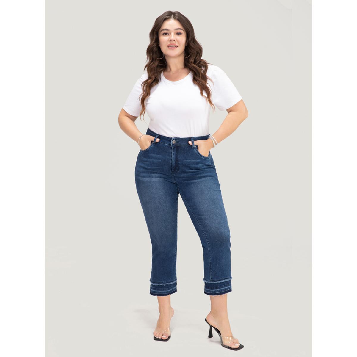 Plus Size Bootcut Very Stretchy High Rise Dark Wash Fringe Detail Jeans Women DarkBlue Casual Plain High stretch Slanted pocket Jeans BloomChic 18/2X Product Image