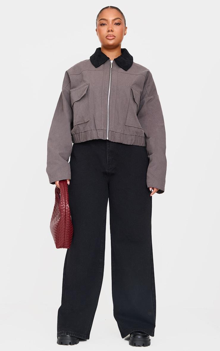 Plus Dark Grey Contrast Collar Twill Jacket Product Image