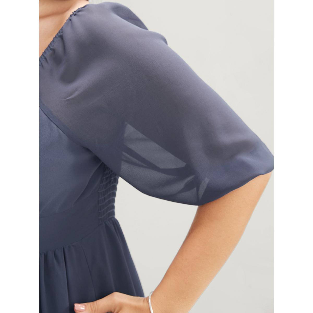 Plus Size Solid Pocket Mesh Lantern Sleeve Shirred Back Ruffles Tiered Dress Stone Women Elegant Gathered V-neck Half Sleeve Curvy Midi Dress BloomChic 28/5X Product Image