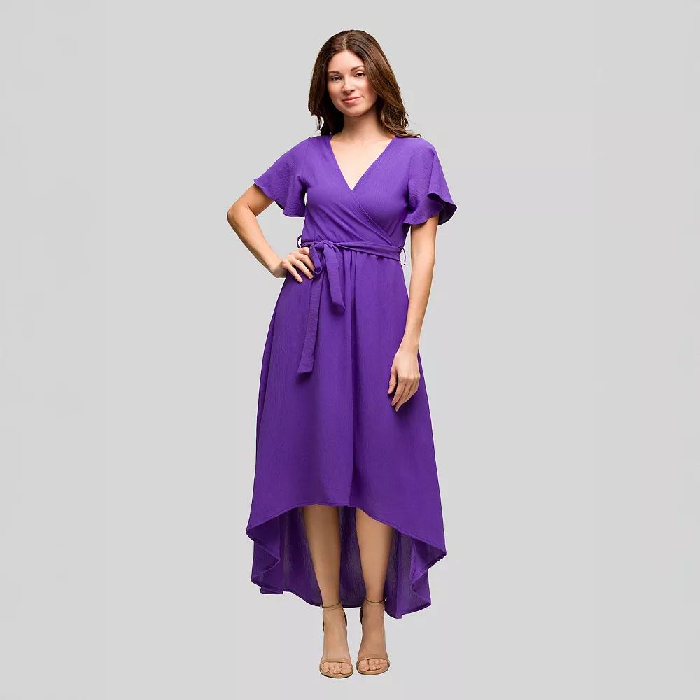Women's 24Seven Comfort Apparel V-Neck Belted Faux Wrap High-Low Dress,  Product Image