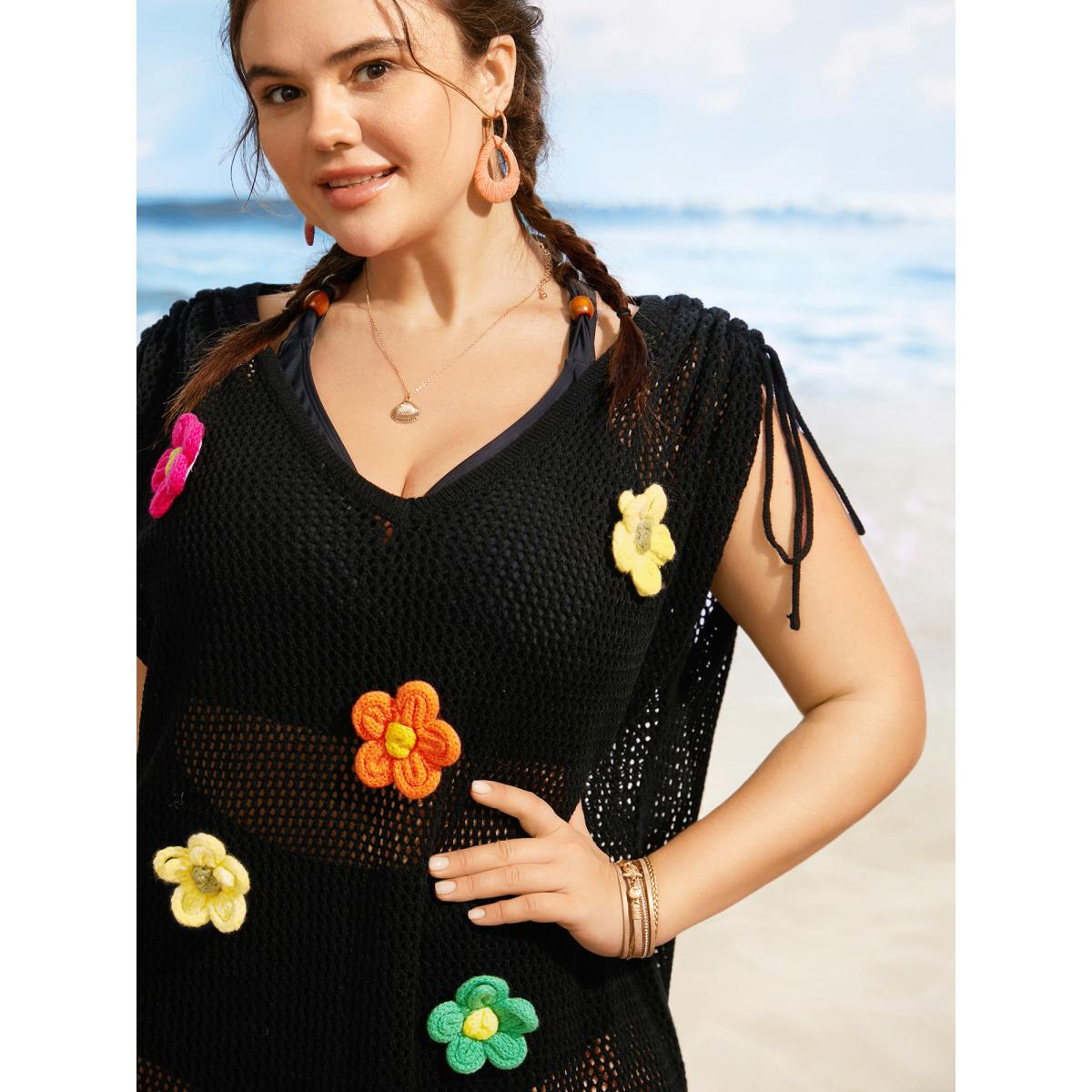 Plus Size Stereo Flower Design Drawstring Swim Cover Up Women's Swimwear Black Beach Loose Crochet Curve Swim Cover Ups BloomChic 26/4X Product Image