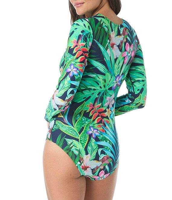 Beach House Tropical Paradise Sport Emerge Long Sleeve Ruched Zip Front One Piece Swimsuit Product Image