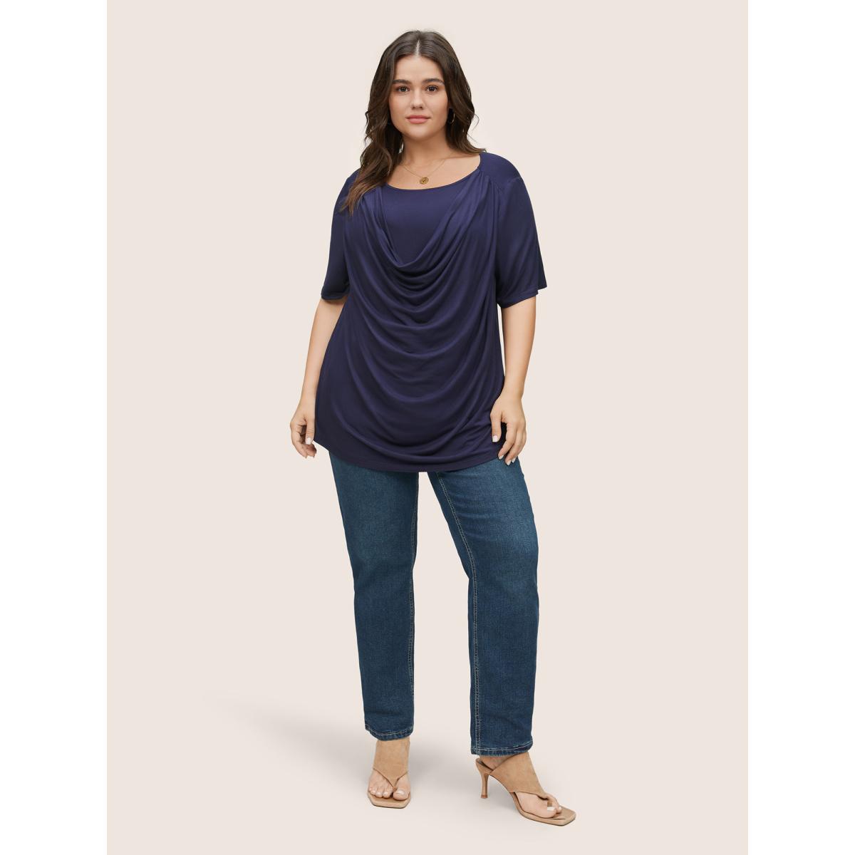 Plus Size Solid Cowl Neck Gathered T-shirt Indigo Women Elegant Non Plain Cowl Neck Everyday T-shirts BloomChic 18-20/2X Product Image