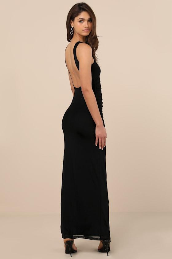 Karise Black Mesh Ruched Backless Maxi Dress Product Image