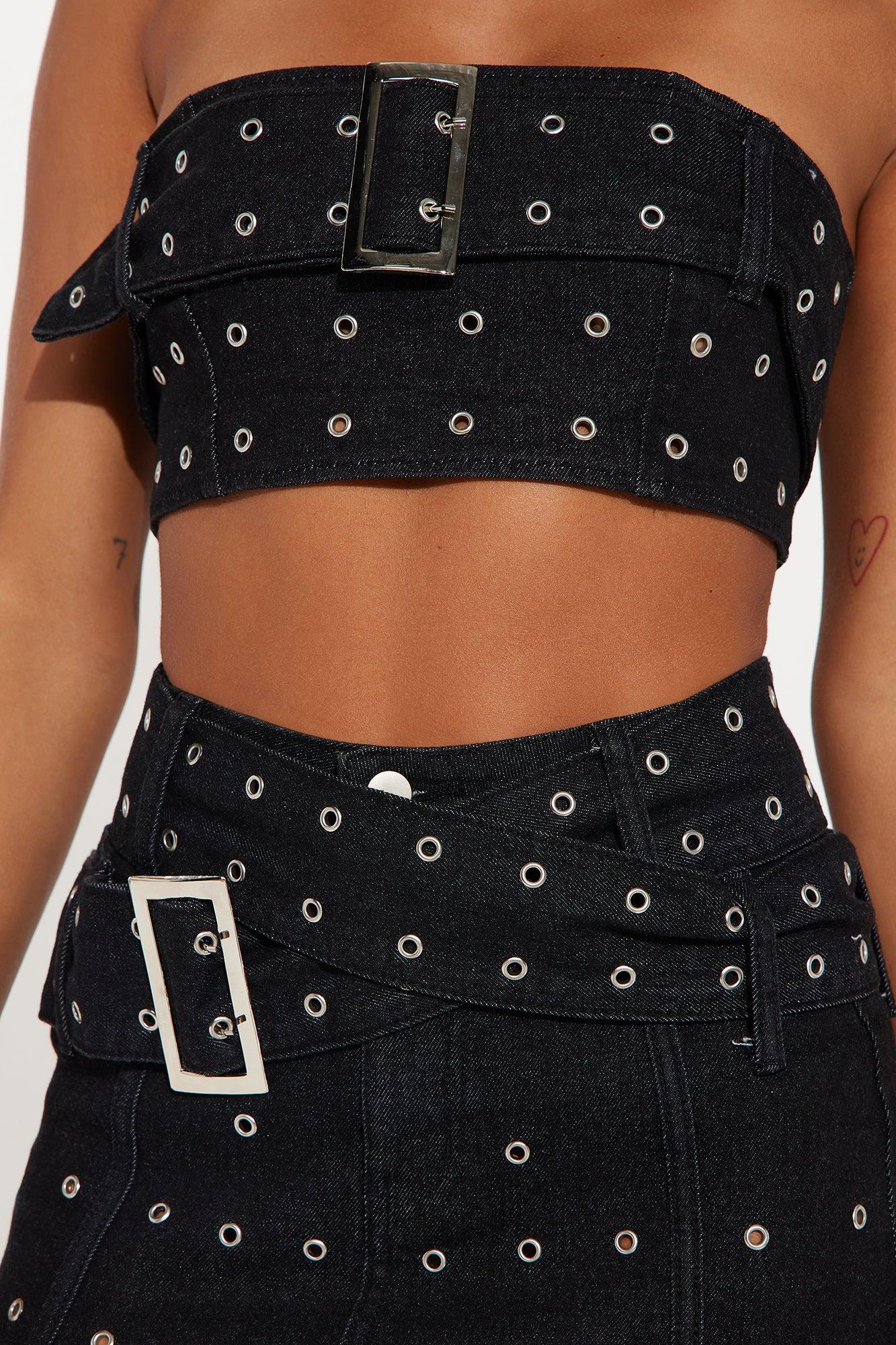 Buckle Up Denim Skirt Set - Black Product Image