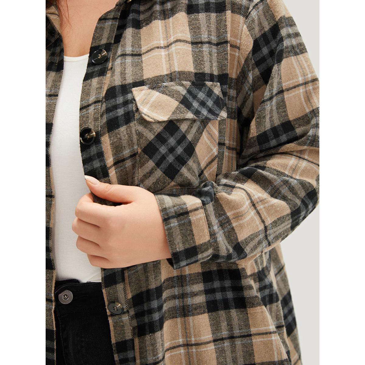 Plus Size Plaid Flap Pocket Curved Hem Coat Women Tan Contrast Pocket Dailywear Jackets BloomChic 10/M Product Image