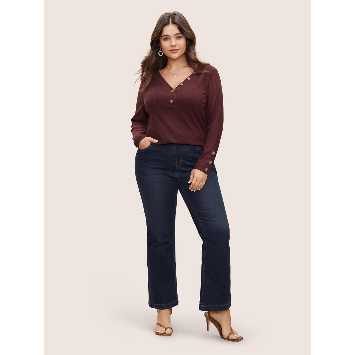 Plus Size Solid Rib Knit Button Detail Skinny T-shirt Mauve Women Casual Texture Plain V-neck Everyday T-shirts BloomChic 22-24/3X Product Image