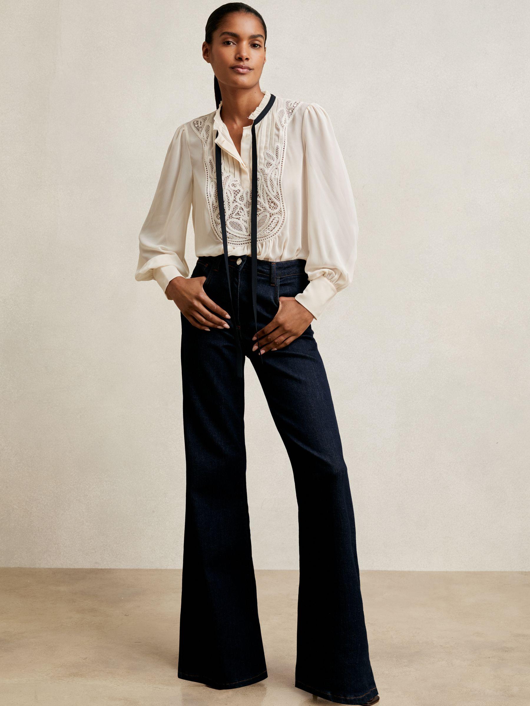 Lace-Embroidered Tie-Neck Shirt in Cream Product Image