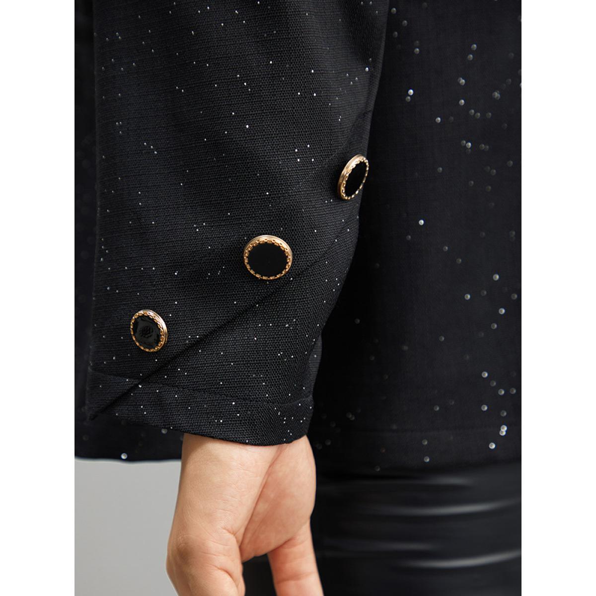 Plus Size Glitter Suit Collar Button Detail Blazer Black Women Work Plain Plain Sleeve Long Sleeve Suit Collar 22-24/3X Pocket At the Office Blazers BloomChic Product Image