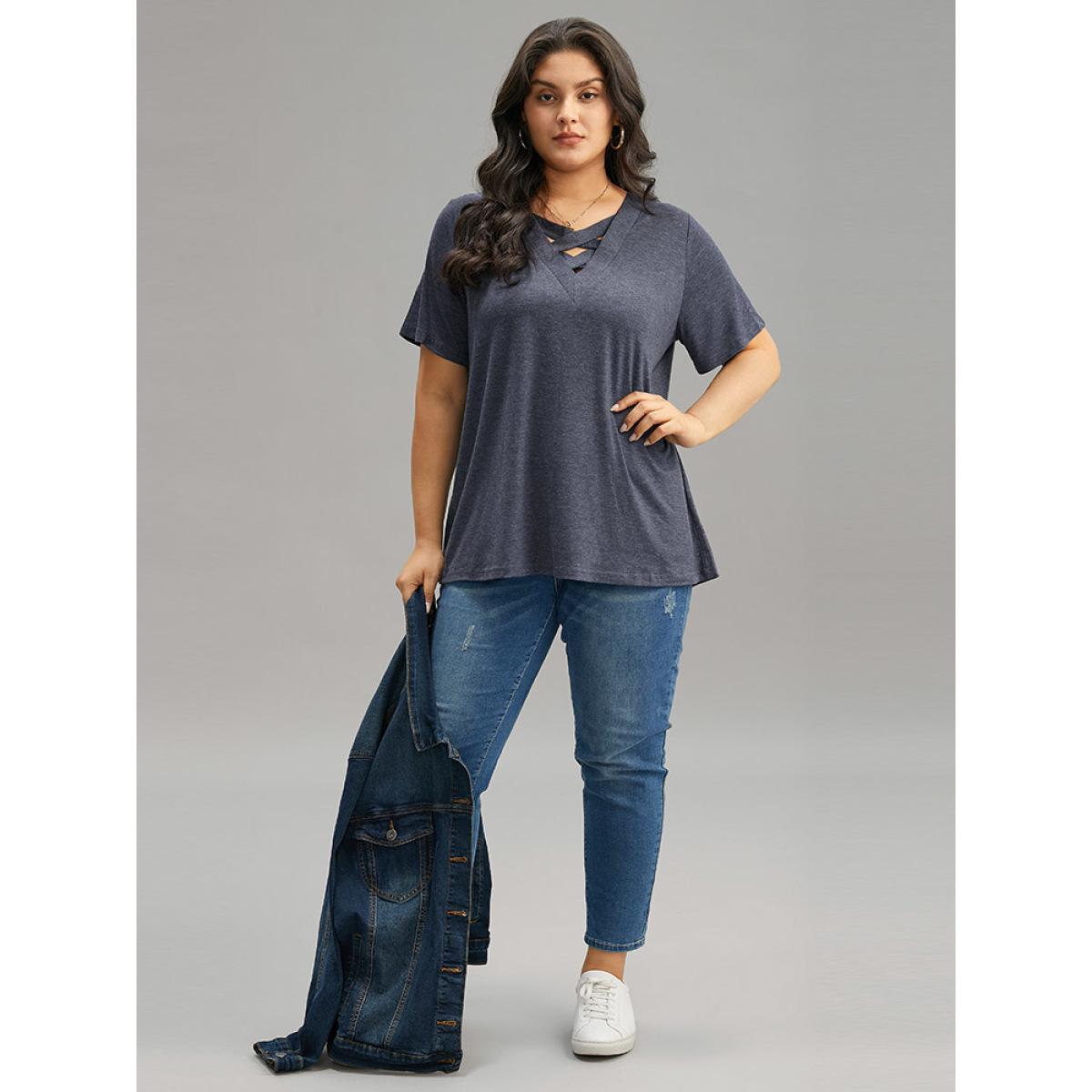 Plus Size Plain Heather Crisscross V Neck T-shirt Blue Women Casual Heather Plain V-neck Dailywear T-shirts BloomChic 18-20/2X Product Image