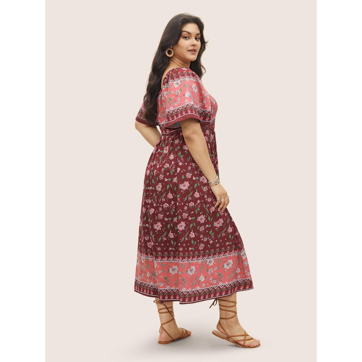 Plus Size Ditsy Floral Shirred Patchwork Ruffle Sleeve Dress Russet Women Resort Shirred Square Neck Short sleeve Curvy Midi Dress BloomChic 22-24/3X Product Image