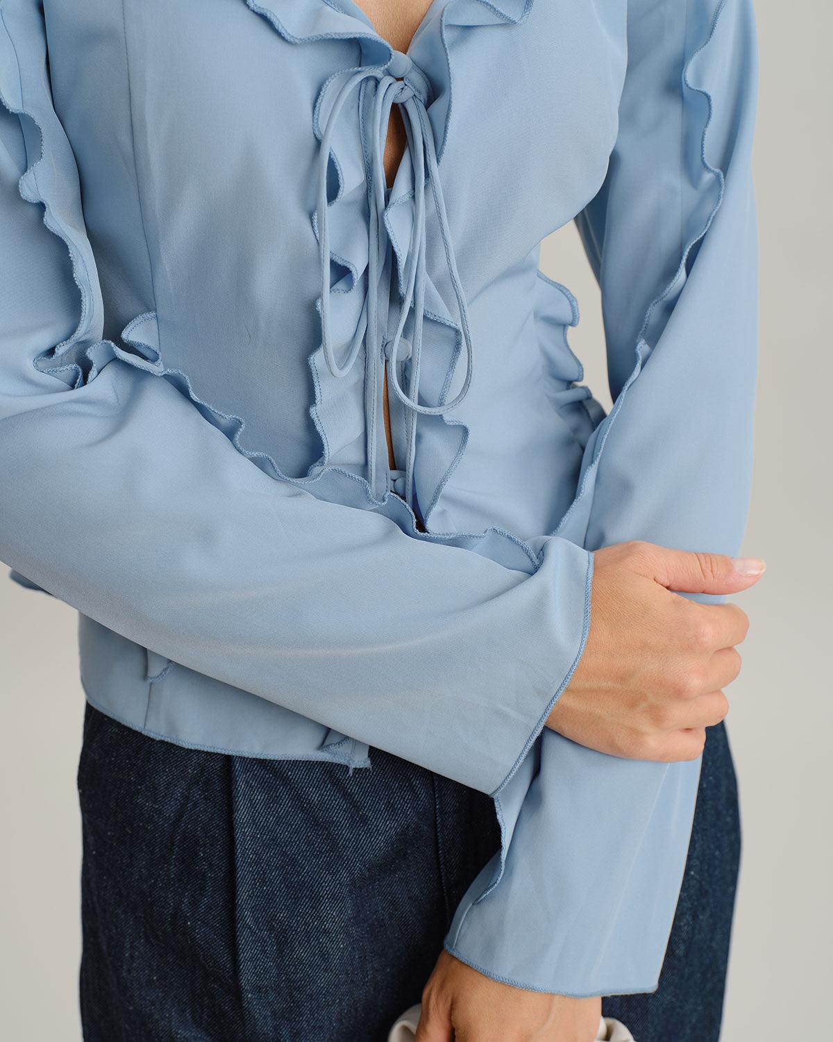 Blue Ruffle V Neck Button Blouse Product Image