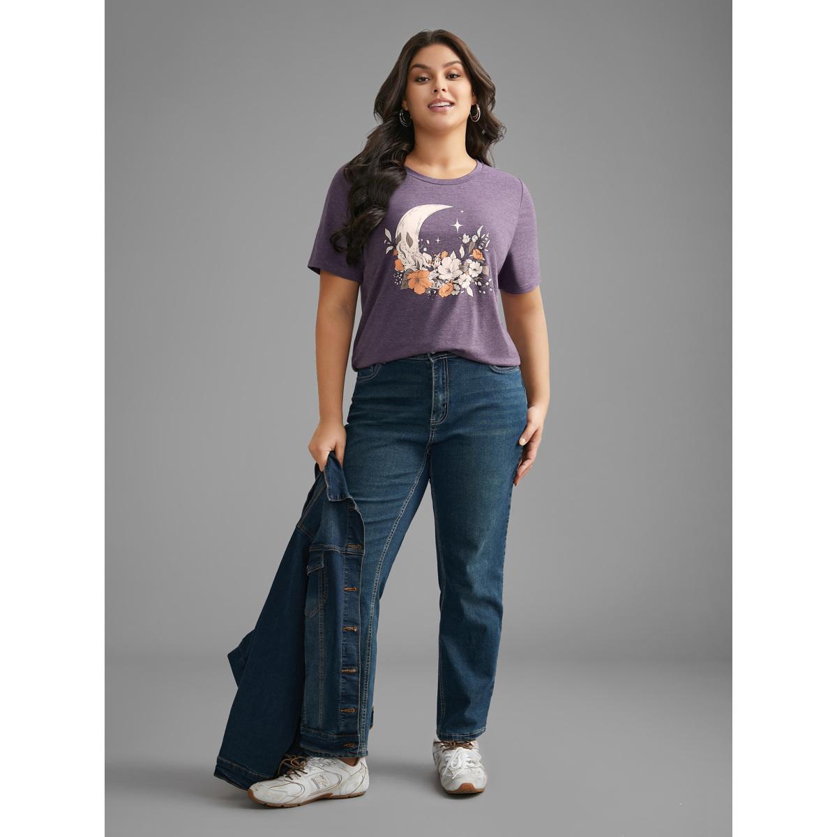 Plus Size Round Neck Moon & Floral Print T-shirt Eggplant Women Casual Non Natural Flowers Round Neck Everyday T-shirts BloomChic 10/M Product Image
