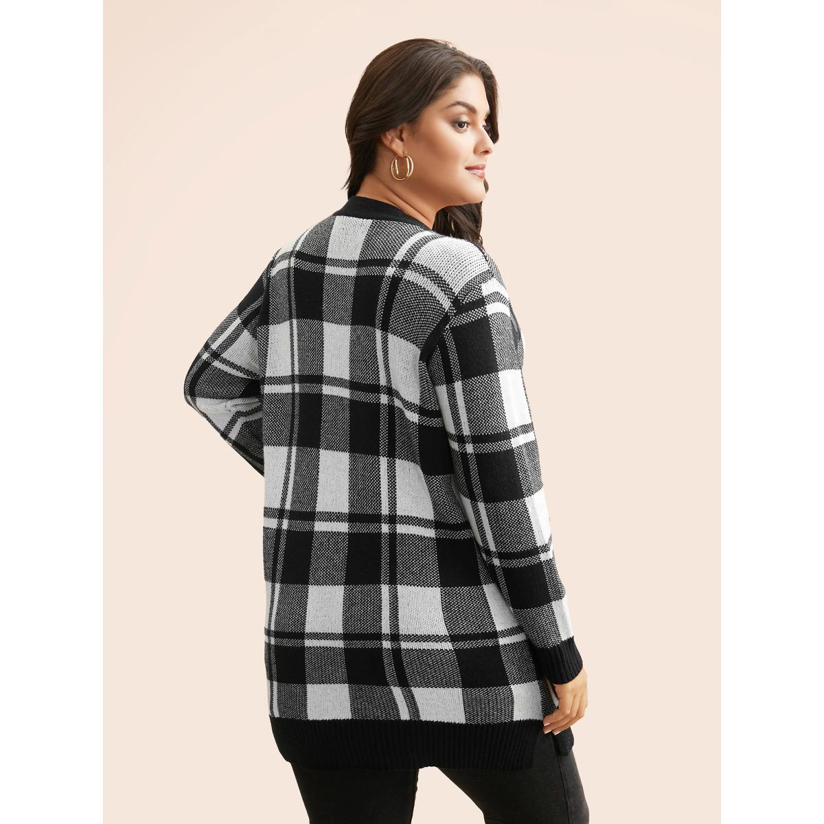 Plus Size Kimono Collar Plaid Slit Hem Cardigan Black Women Leisure Loose Long Sleeve Casual Cardigans BloomChic 10/M Product Image