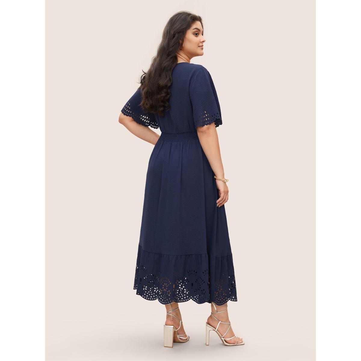Plus Size Solid Laser Cut Shirred Pocket Wrap Scalloped Trim Flutter Dress Navy Women Timeless Non V-neck Short sleeve Curvy Midi Dress BloomChic 22-24/3X Product Image