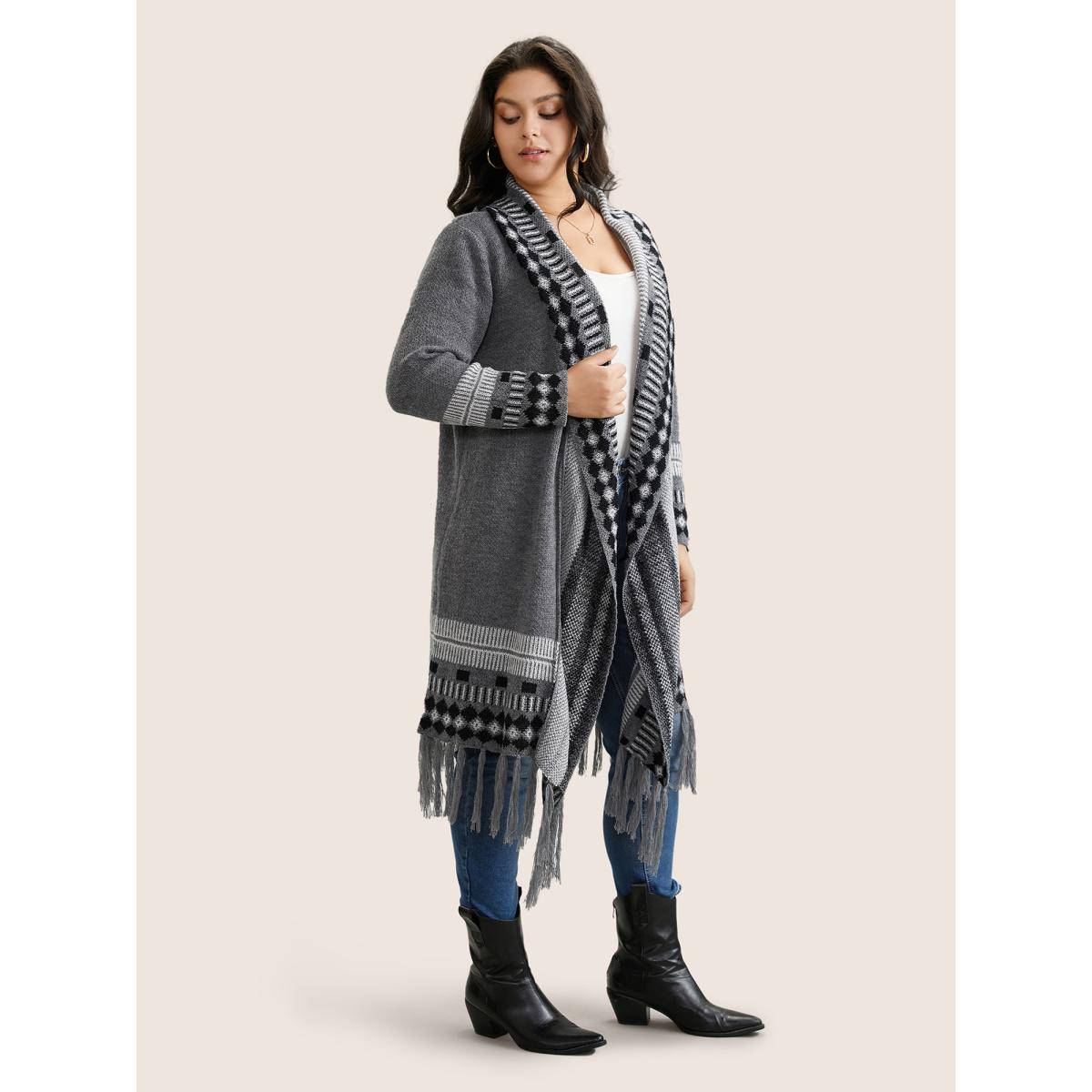Plus Size Bandana Print Fringe Trim Maxi Cardigan Gray Women Casual Long Sleeve Everyday Cardigans BloomChic 12/L Product Image