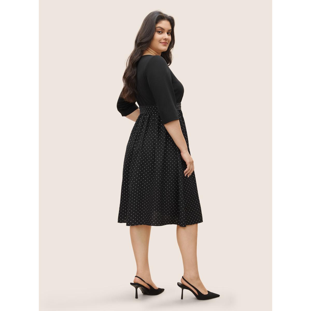Plus Size Polka Dot Patchwork Belted Square Neck Dress Black Women At the Office Non Square Neck Elbow-length sleeve Curvy Midi Dress BloomChic 14-16/1X Product Image