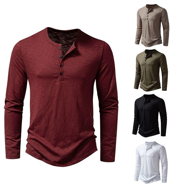Long Sleeve Henley Plain T-Shirt Product Image