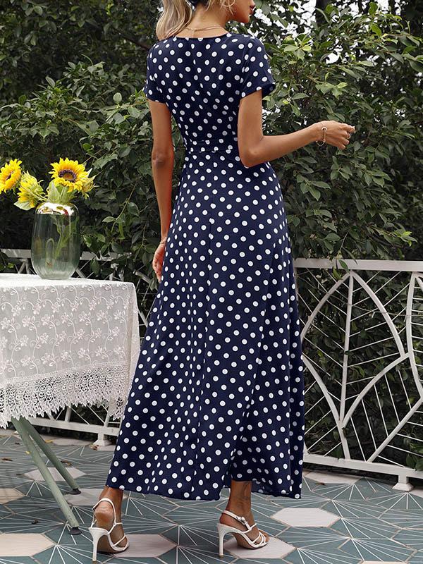 A-Line High Waisted Polka-Dot Tied Waist V-Neck Maxi Dresses Product Image