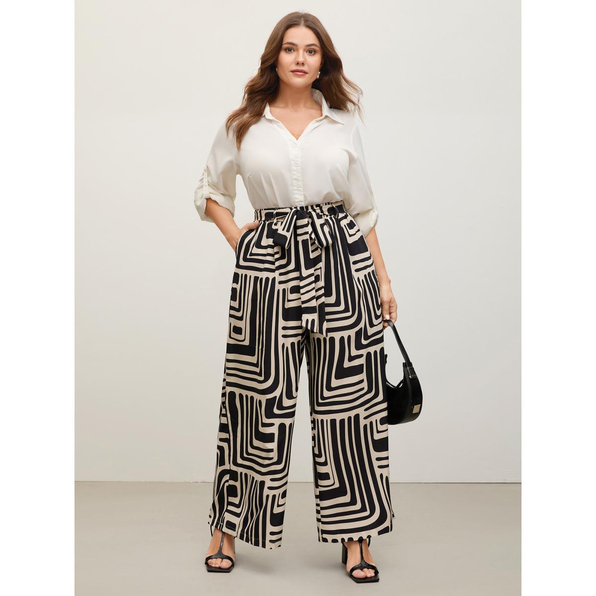 Plus Size Geometric Print Wide-Leg Belted Pants Women Black Loose Mid Rise Work Pants BloomChic 14-16/1X Product Image