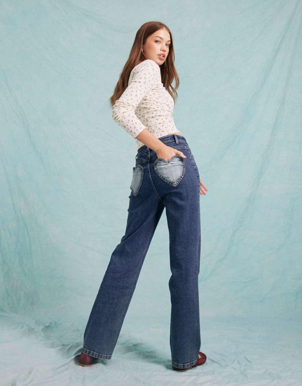 Miss Selfridge heart pocket straight leg jean in indigo wash Product Image