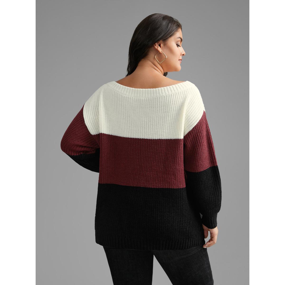 Plus Size Boat Neck Colorblock Contrast Pullover Scarlet Women Casual Loose Long Sleeve Boat Neck Everyday Pullovers BloomChic 30/6X Product Image
