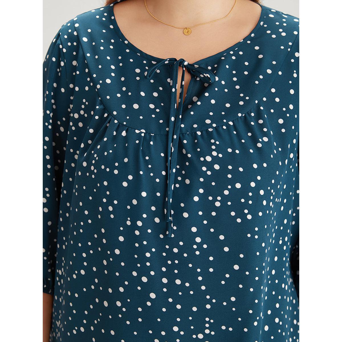 Plus Size Aegean Polka Dot Knot Neck Arc Hem Blouse Women Elegant Elbow-length sleeve Tie Neck Dailywear Blouses BloomChic 14-16/1X Product Image