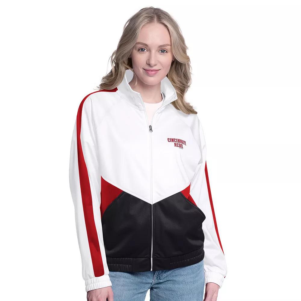 Women's G-III Sports by Carl Banks  White/Red Cincinnati Reds Rally Rhinestone Raglan Full-Zip Track Jacket, Size: Small, Red White Product Image