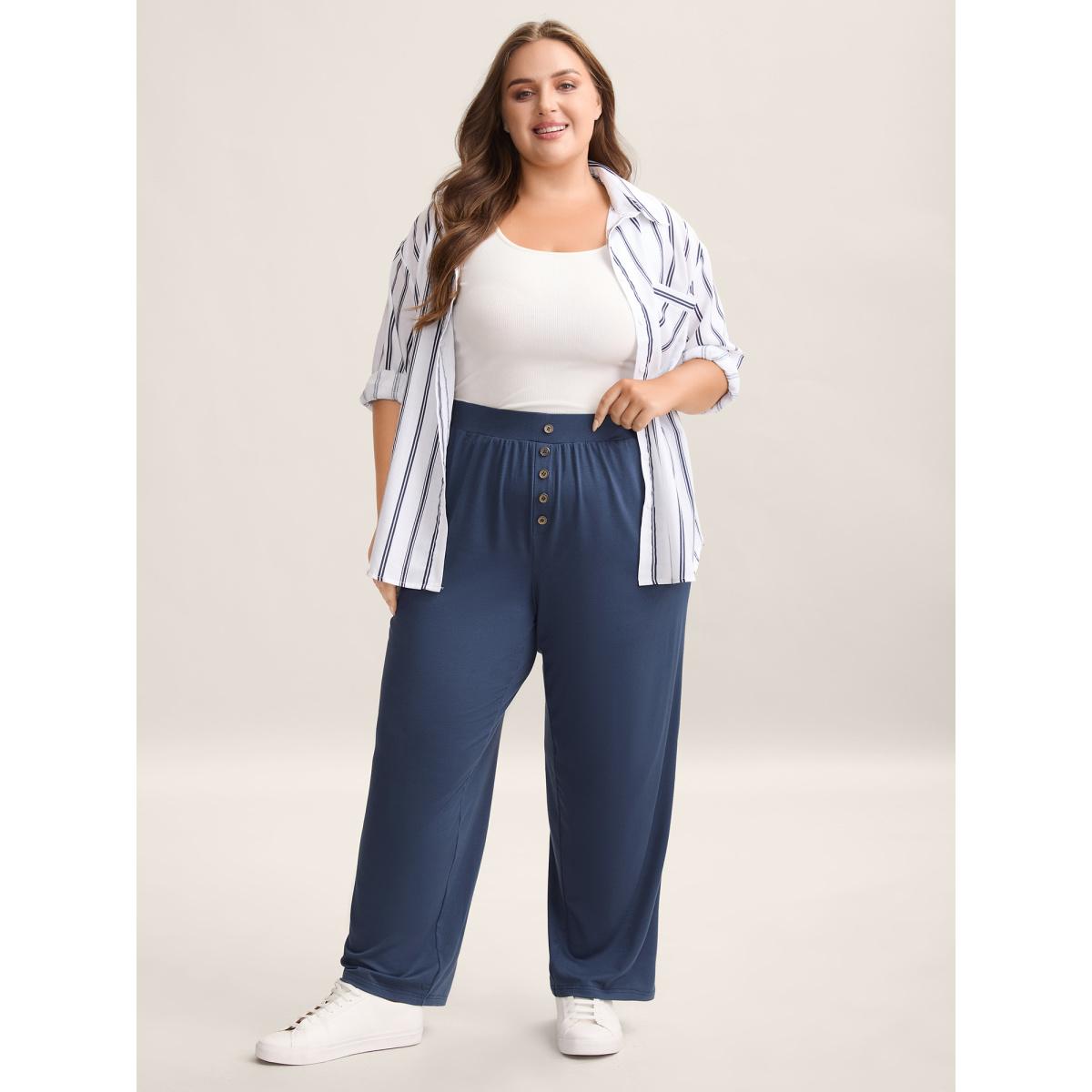 Plus Size Button Front Pleated Comfy Fit Pants Women Indigo Casual Wide Leg Mid Rise Everyday Pants BloomChic 28/5X Product Image