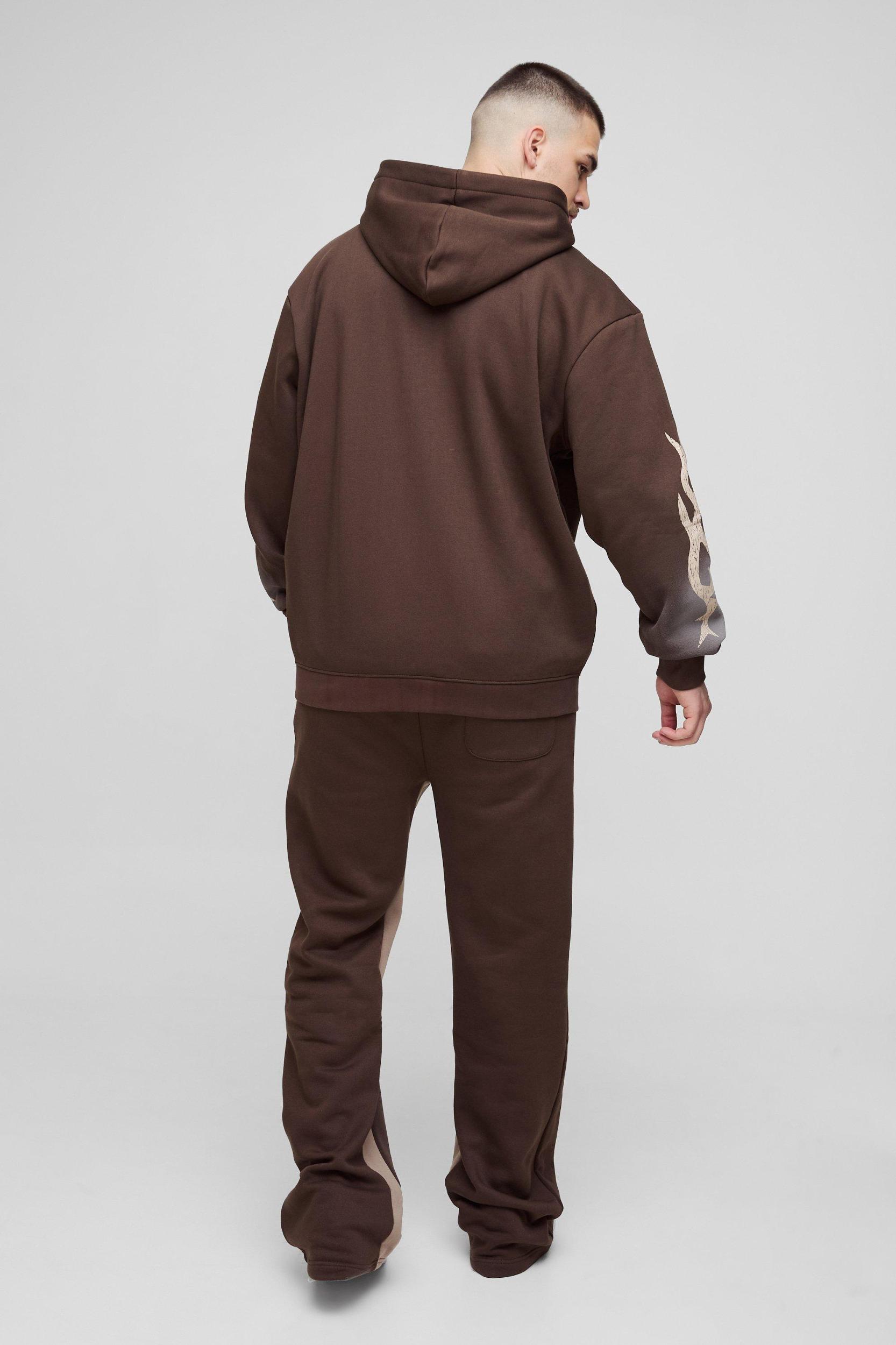 Tall Oversized Zip Thru Graphic Spray Wash Hooded Relaxed Flare Tracksuit | boohooMAN USA Product Image