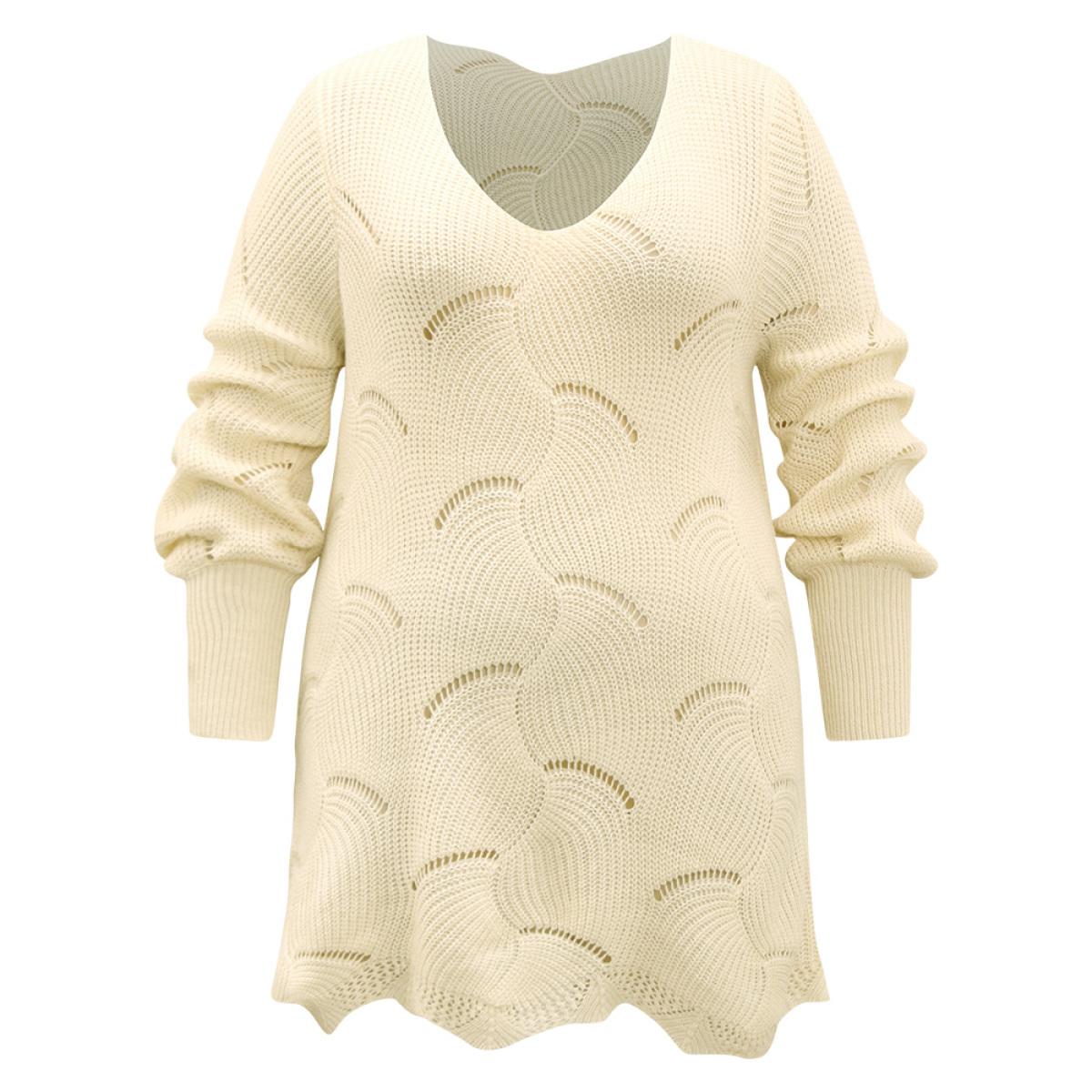 Plus Size Hollow Out Asymmetrical Hem Pullover Apricot Women Casual Loose Long Sleeve V-neck Dailywear Pullovers BloomChic 18-20/2X Product Image