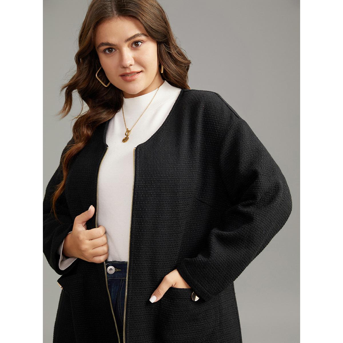 Plus Size Solid Tweed Pocket Metai Detail Zipper Coat Women Black Casual Plain Ladies Dailywear Winter Coats BloomChic 18-20/2X Product Image