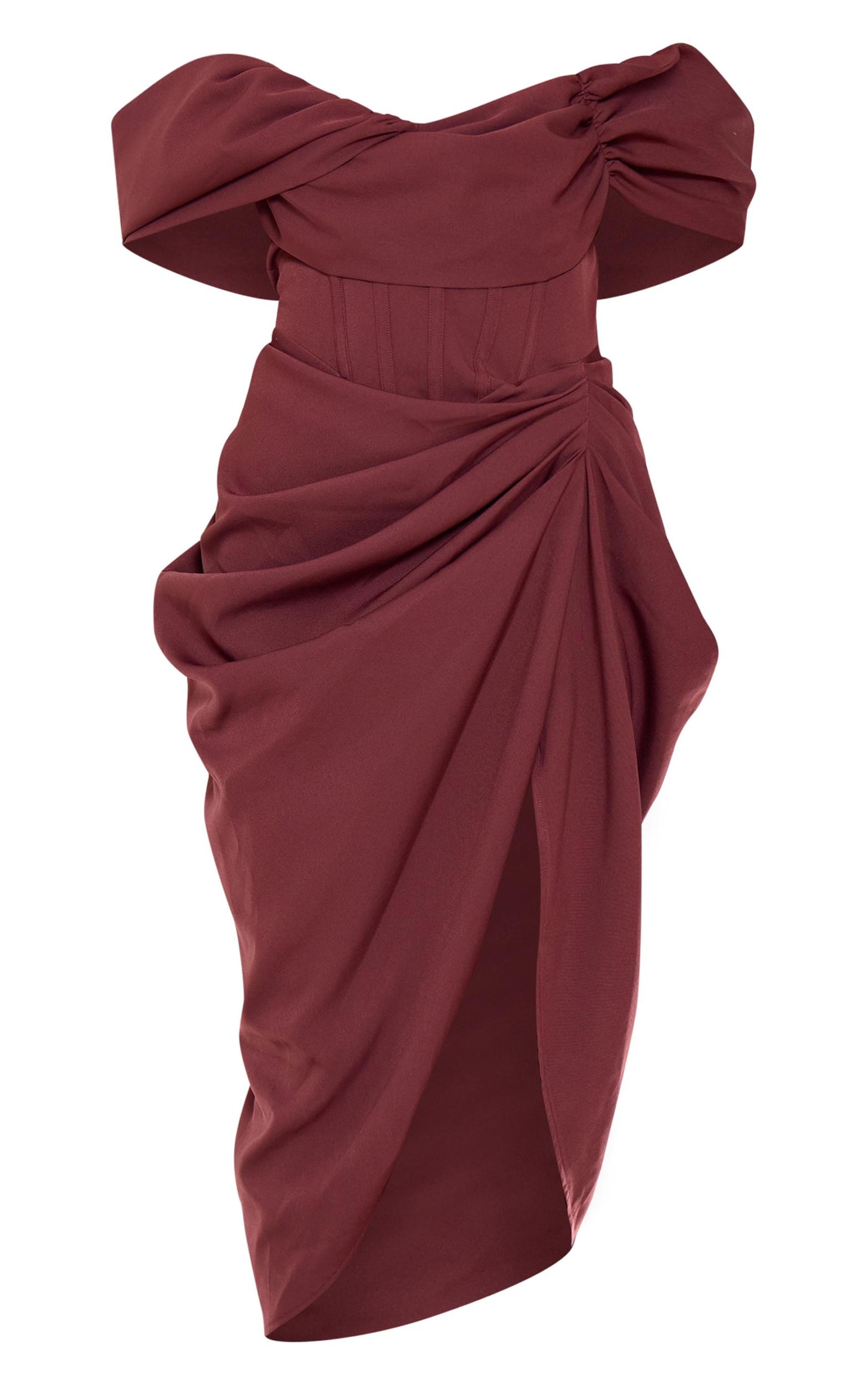 Chocolate Corset Bardot Draped Midi Dress Product Image