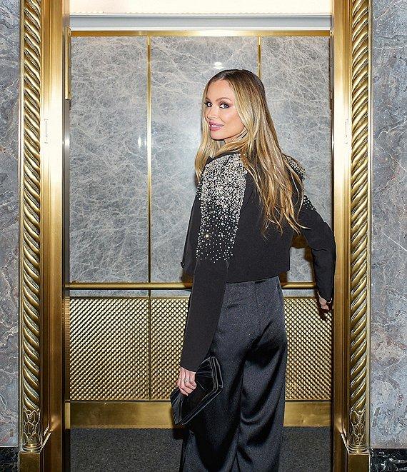 Muse by Marchesa Moonflower Crepe Jeweled Beaded Pearl Notch Lapel Long Sleeve Button Front Cropped Coordinating Blazer Product Image