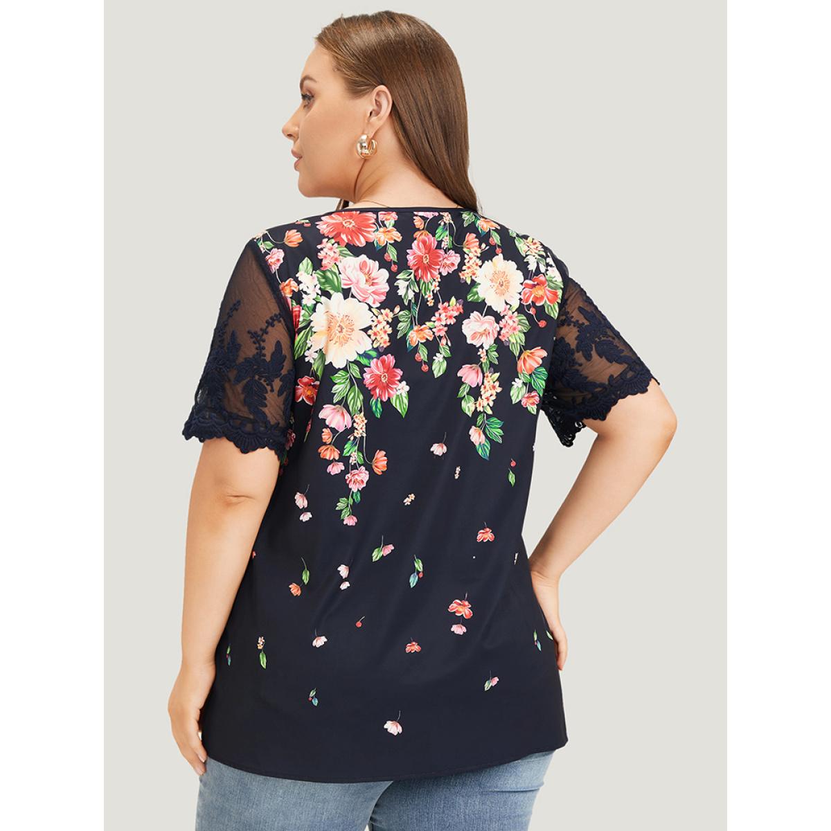 Plus Size Indigo Floral Pleated Mesh Lace Sleeve Square Neck Blouse Women Vacation Short sleeve Square Neck Dailywear Blouses BloomChic 26/4X Product Image