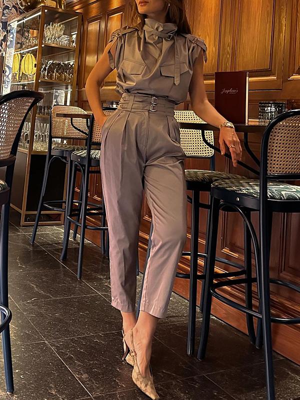 Loose Sleeveless Buckle Solid Color Stand Collar Blouses&Shirts Tops Product Image