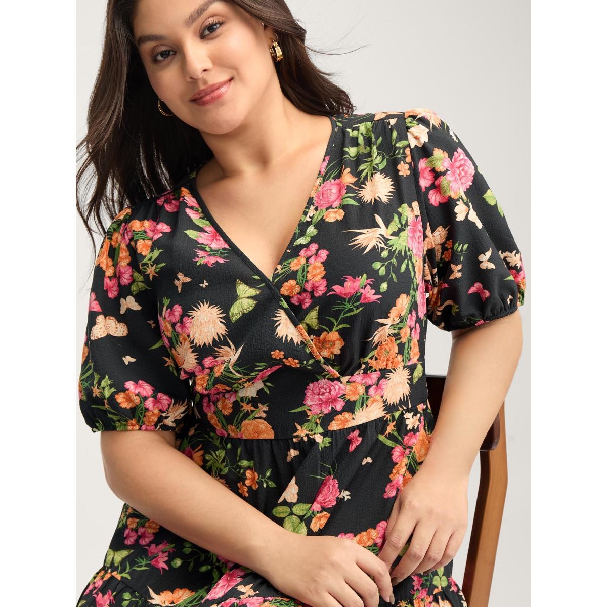 Plus Size Sweet Floral Print Puff Sleeve Midi Dress Black Women Non Short sleeve Curvy BloomChic 28/5X Product Image