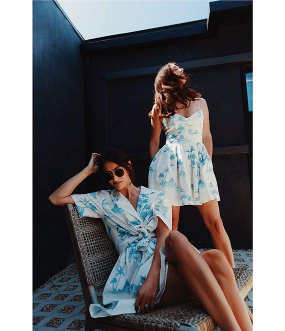 Gianni Bini x DANNIJO Kona Linen Blend Sweetheart Neckline Fit and Flare Palm Print Mini Dress Product Image