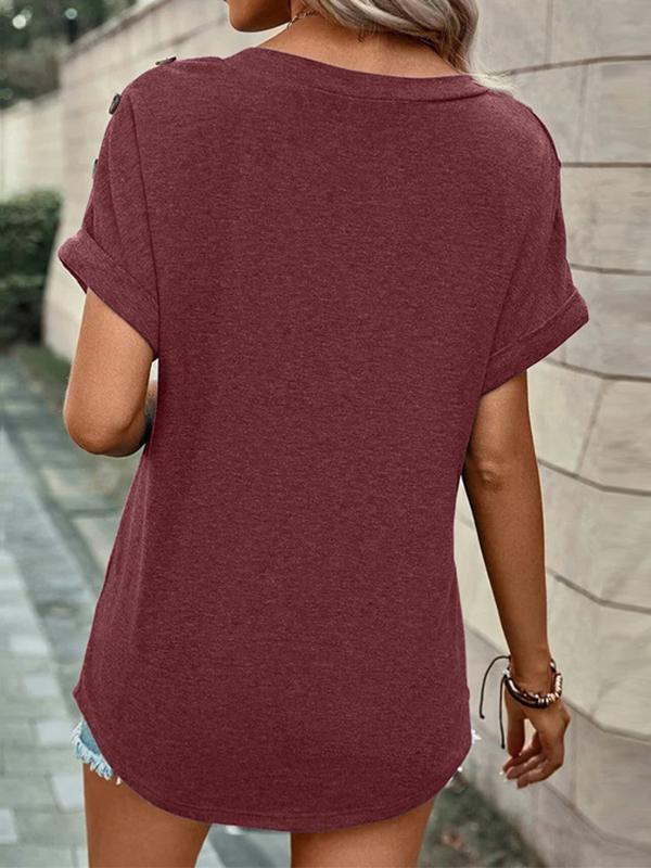 Loose Short Sleeves Buttoned Solid Color V-Neck T-Shirts Tops Product Image
