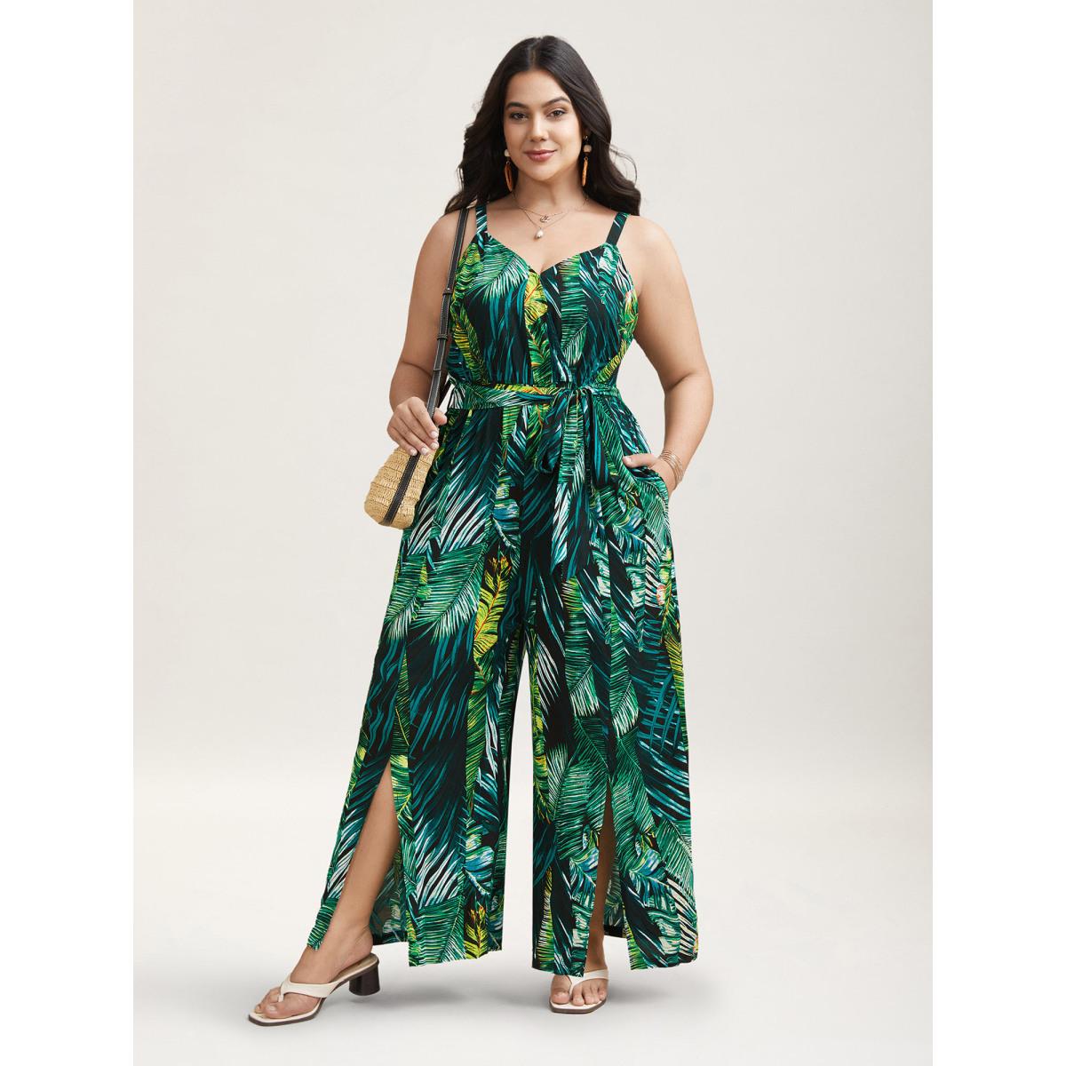 Plus Size BlackFlower Tropical Leaf Print Stretchy Belted Slit Jumpsuit Women Resort Sleeveless Overlap Collar Vacation Loose Jumpsuits BloomChic 26/4X Product Image