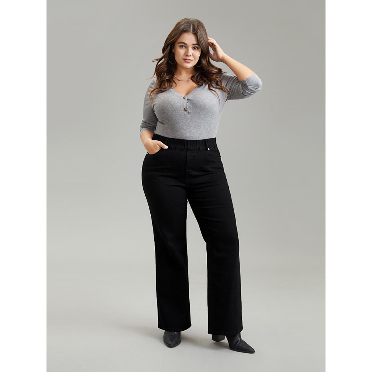 Plus Size Elastic Waist Black Wash Straight Leg Jeans Women Black Casual Plain Non High stretch Slanted pocket Jeans BloomChic 26/4X Product Image