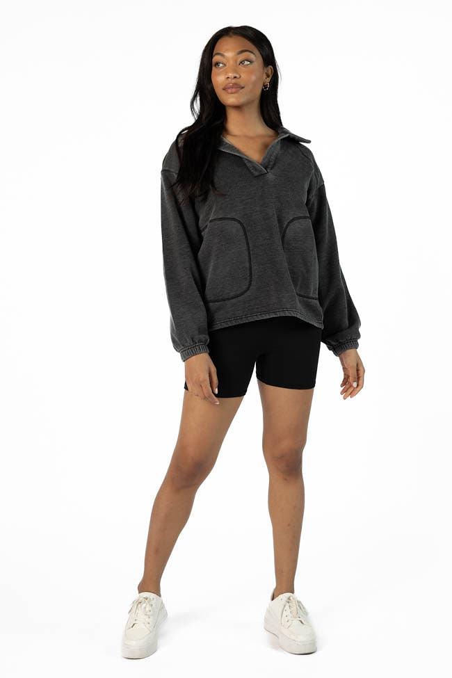 Learn As You Go Black Acid Wash Collared Pullover FINAL SALE Product Image