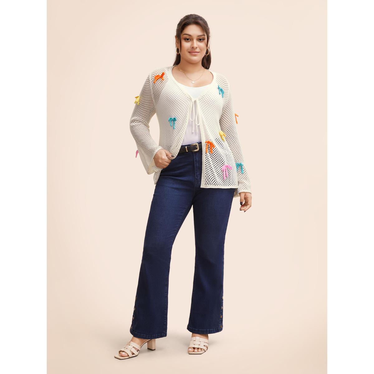 Plus Size Bowknot Tie Knot Bell Sleeve Cardigan Ivory Women Casual Loose Long Sleeve Everyday Cardigans BloomChic 28/5X Product Image